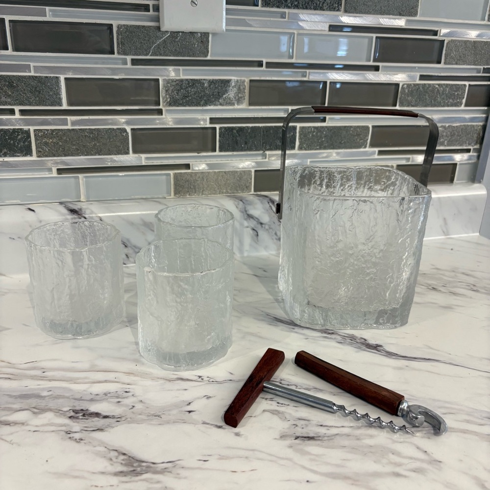 Vintage Hoya Japan Frostfire Textured Glass Ice Bucket & 8 Rocks Glasses Set